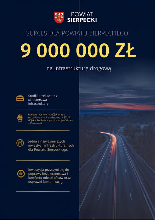 Powiat Sierpecki z 9 milionami złotych! Powstanie nowy most w Gójsku i przebudowana droga