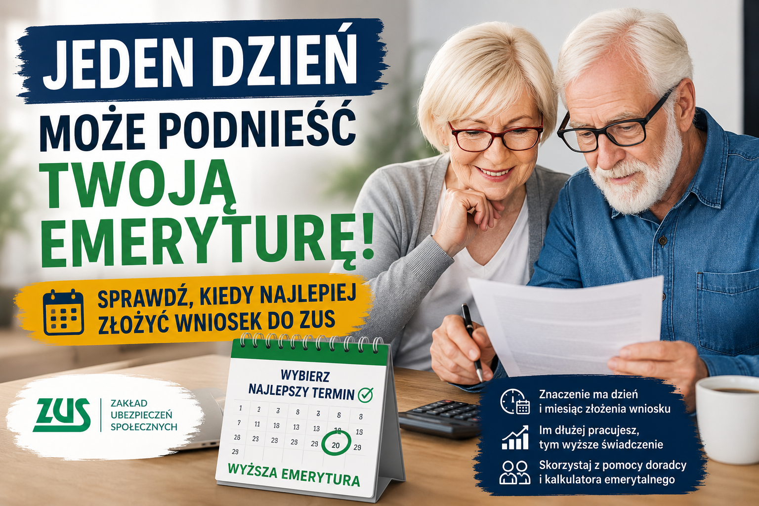 Jeden dzień może podnieść Twoją emeryturę. Sprawdź, kiedy najlepiej złożyć wniosek do ZUS