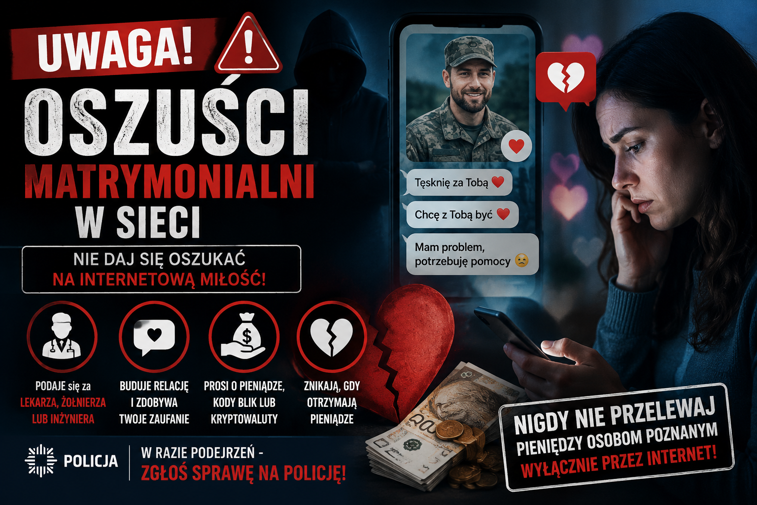 Uwaga na oszustów matrymonialnych! Policja ostrzega przed wyłudzeniami w Internecie