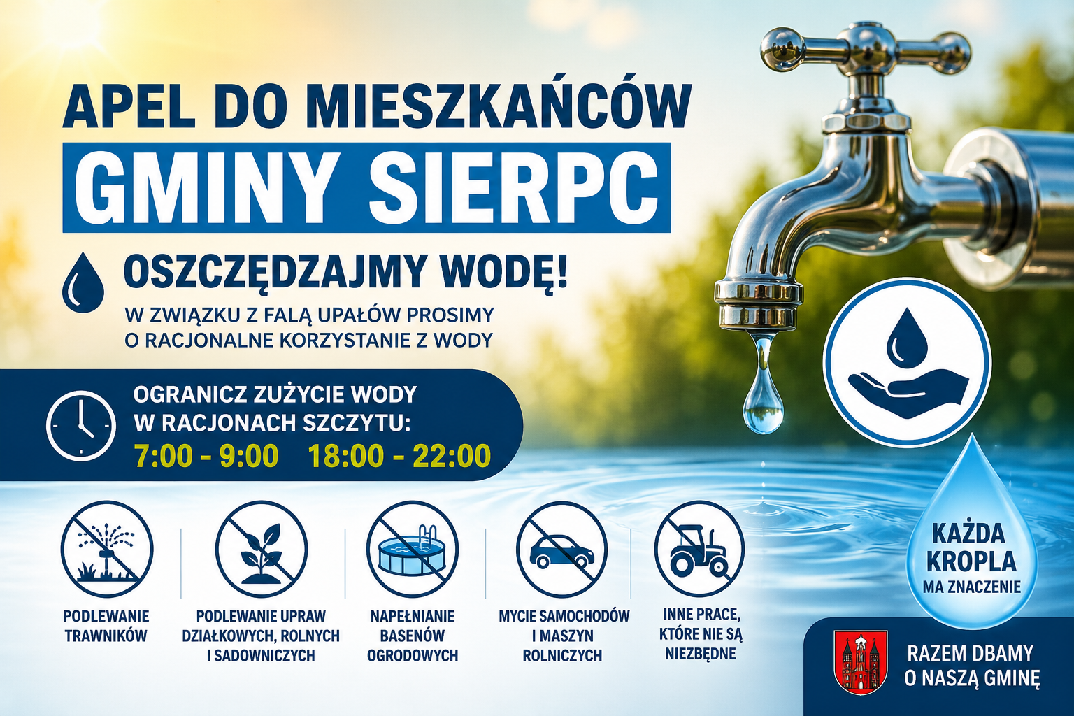 Uwaga! Gmina Sierpc apeluje o oszczędzanie wody podczas fali upałów