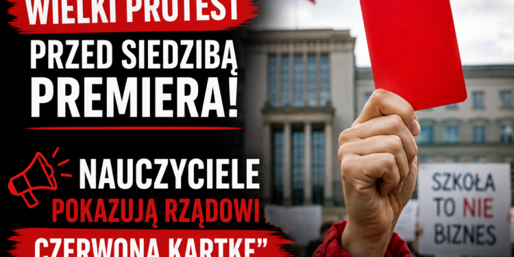 Wielki protest przed siedzibą Premiera! Nauczyciele pokazują rządowi „czerwoną kartkę”